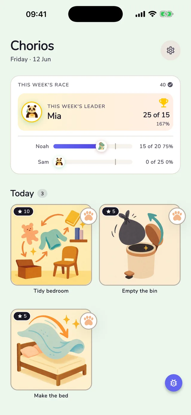 The Chorios family dashboard — each child shown with their chores and points for the day