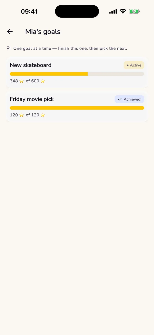 A child's goal progress bar filling toward a chosen real-world reward