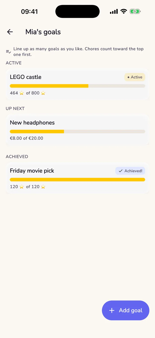A child's goal progress bar filling toward a chosen real-world reward